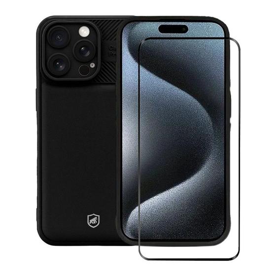 Imagem de Kit Capa case capinha Symetric Preta e Pelicula Coverage 5D Pro Preta para iPhone 15 Pro Max - Gshield