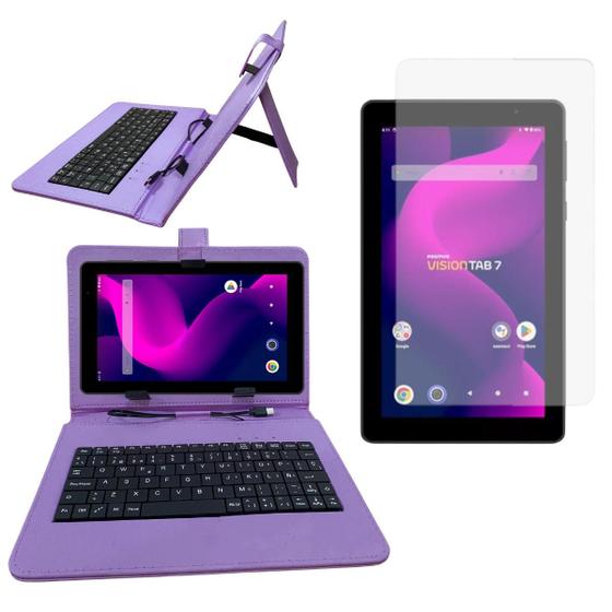 Imagem de Kit Capa com Teclado Embutido Roxo 7 Polegadas + Proteção de Plástico Resistente  Kit Completo