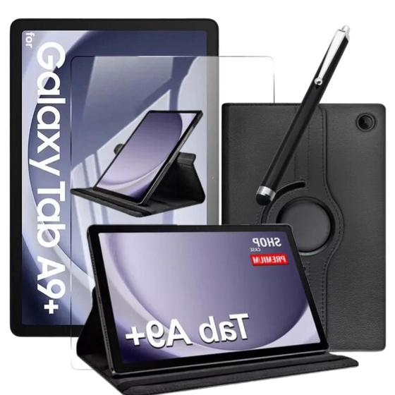 Kit Capa Couro Giratória + Película de Vidro + Caneta Touch Para Galaxy Tab A9 Plus - Blance Imagem de Kit Capa Couro Giratória + Película de Vidro + Caneta Touch Para Galaxy Tab A9 Plus - Blance