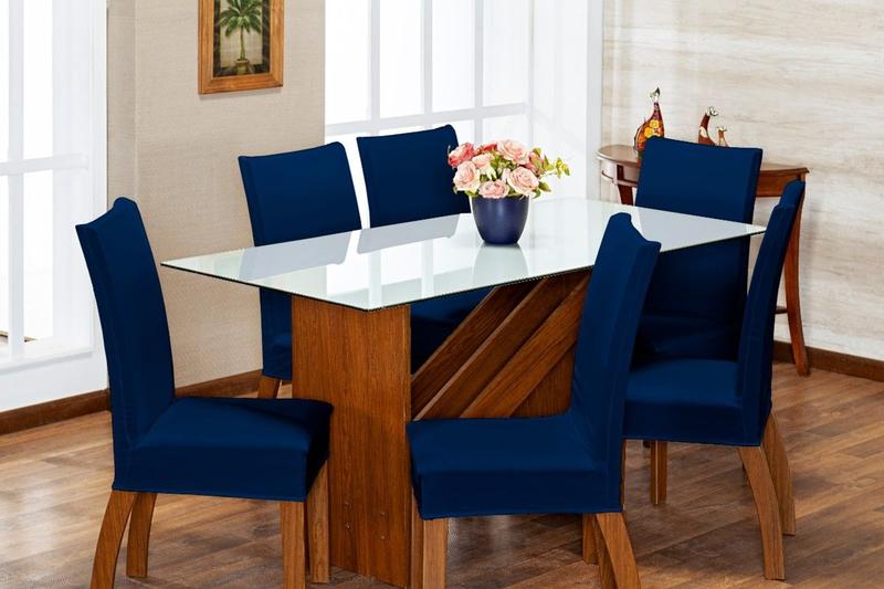 Imagem de Kit Capa de Cadeira 4 Peças Sala de Jantar Protege o Estofado Renova o Visual Malha Gel Azul Marinho
