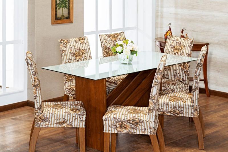 Imagem de Kit Capa de Cadeira 4 Peças Sala de Jantar Protege o Estofado Renova o Visual Malha Gel Estampa 2 Floral Avelã Bege