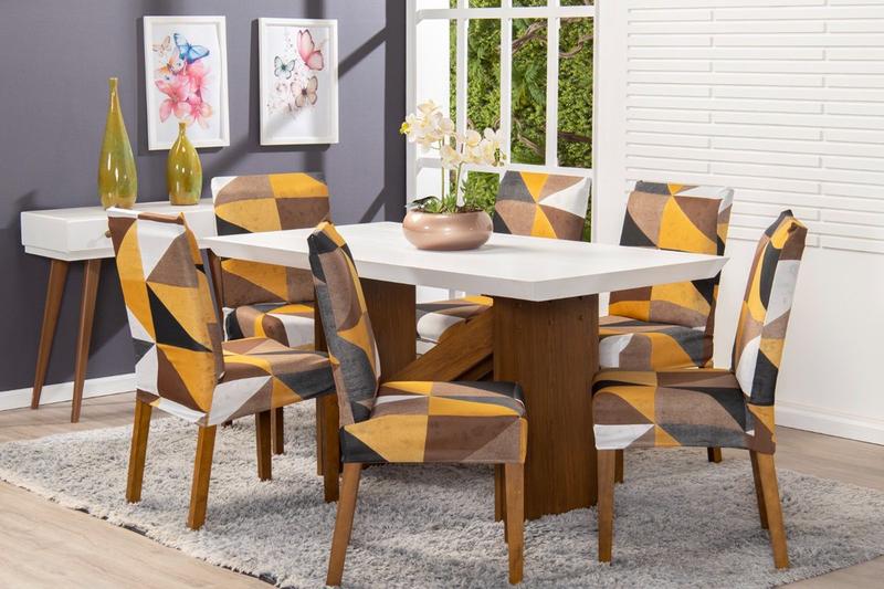 Imagem de Kit Capa de Cadeira 4 Peças Sala de Jantar Protege o Estofado Renova o Visual Malha Gel Estampa 22 Geométrico Amarelo