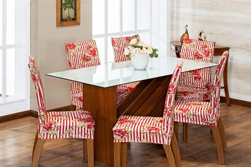 Imagem de Kit Capa de Cadeira 6 Peças Sala de Jantar Protege o Estofado Renova o Visual Malha Gel Estampa 1 Floral Vermelho