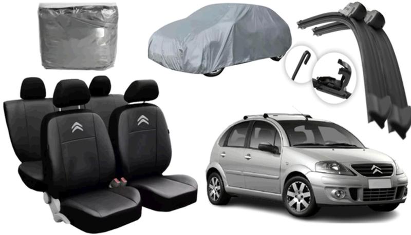 Imagem de Kit Capa de Couro Citroën C3 2003 a 2012 + Proteção com Capa de Cobertura e Limpador de Parabrisa