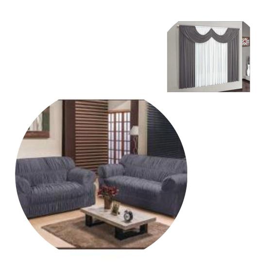 Imagem de Kit Capa De Sofá Elasticada 2 E 3 Lugares + Cortina 2,00 Metros Cinza