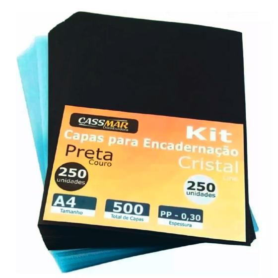 Imagem de Kit Capa Encadernação A4 - Preta Couro + Cristal Line 500un
