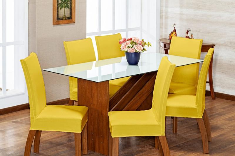 Imagem de Kit Capa Para Cadeira Jantar 4 Peças Malha Gel Grossa Com Elástico Amarela