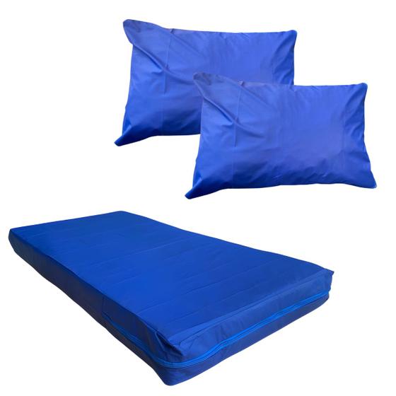 Imagem de Kit Capa Para Colchão Solteiro Hospitalar Impermeável Com Ziper + 02 Capas Travesseiro Impermeável azul