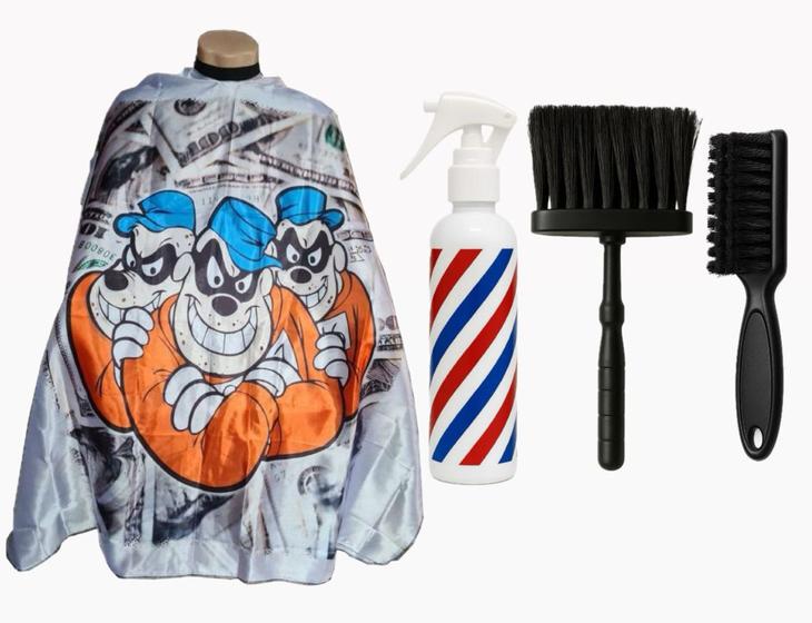 Imagem de Kit Capa Para Corte Barbeiro Personalizada De Cetim Com Zíper Espanador Borrifador Escovinha