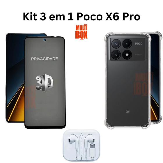 Imagem de Kit Capa + Película 3D Privacidade + Fone de Ouvido para Xiaomi Poco X6 Pro