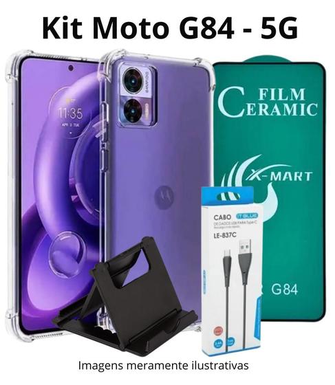 Imagem de Kit Capa + Película 9D Cerâmica + Cabo Turbo + Suporte de Mesa para Celular Moto G84