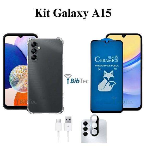 Imagem de Kit Capa + Película Fosca Privacidade + Película de Câmera + Cabo USB Tipo C para Galaxy A15