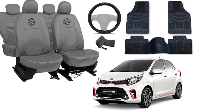 Imagem de Kit Capa Picanto 2006 a 2019 Couro Cinza + Volante + Tapete