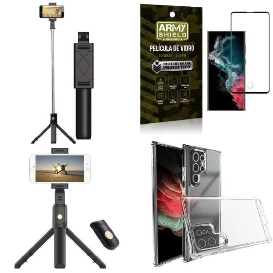 Imagem de Kit Capa S22 Ultra +Mini Tripé Selfie Bluetooth +Película 3D