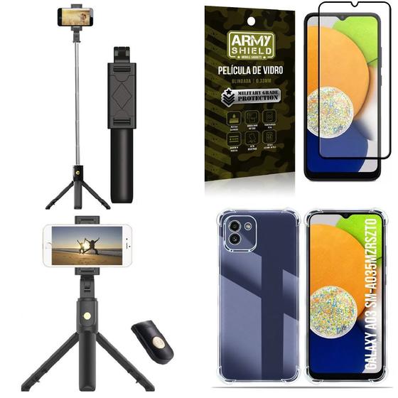 Imagem de Kit Capa Samsung A03 +Mini Tripé Selfie Bluetooth +Película 3D Armyshield