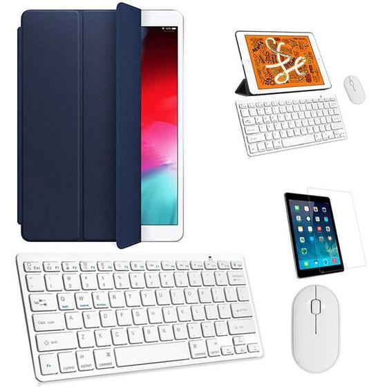 Imagem de Kit Capa Smart Case Azul Escuro / Teclado e Mouse branco e Película para iPad 2021 9a Geração 10.2"
