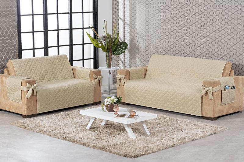 Imagem de Kit Capa Sofá 2 E 3 Lugares Para Sala Com Laço Bege