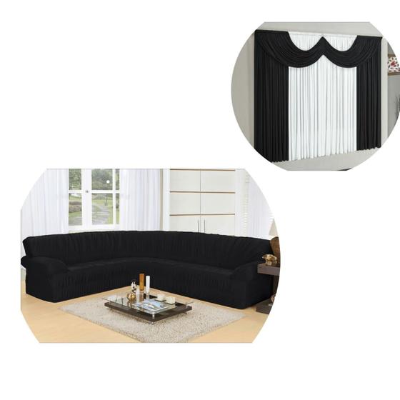 Imagem de Kit Capa Sofá De Canto De Até 5/6 Lugares + Cortina 02 Metros Preto