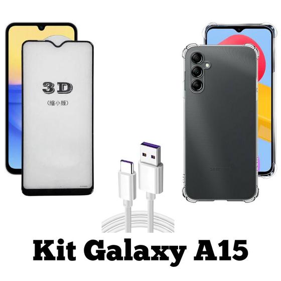 Imagem de Kit Capa Transparente + Película 3D + Cabo USB Tipo C para Samsung Galaxy A15