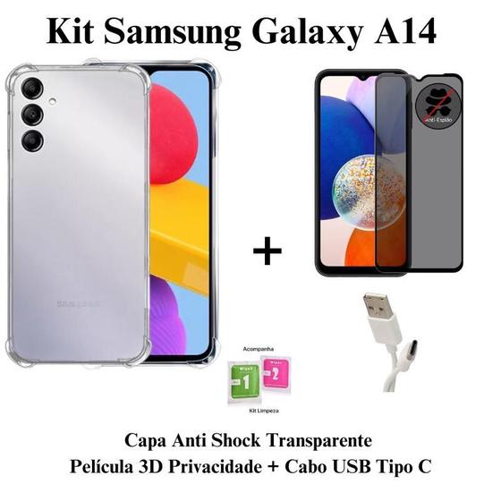 Imagem de Kit Capa Transparente + Película 3D Vidro Privacidade + Cabo USB Tipo C para Samsung Galaxy A15