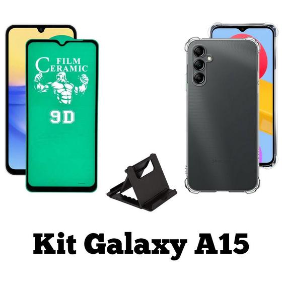 Imagem de Kit Capa Transparente + Película Cerâmica + Suporte de Mesa para Samsung Galaxy A15