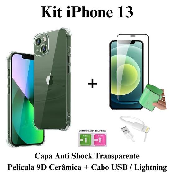 Imagem de Kit Capa Transparente + Película de Cerâmica + Cabo Tipo C/ Tipo Lightning para Iphone 13