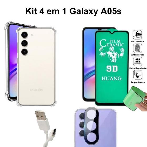 Imagem de Kit Capa Transparente + Película de Cerâmica + Película Câmera Traseira + Cabo USB Tipo C para Samsung Galaxy A05S