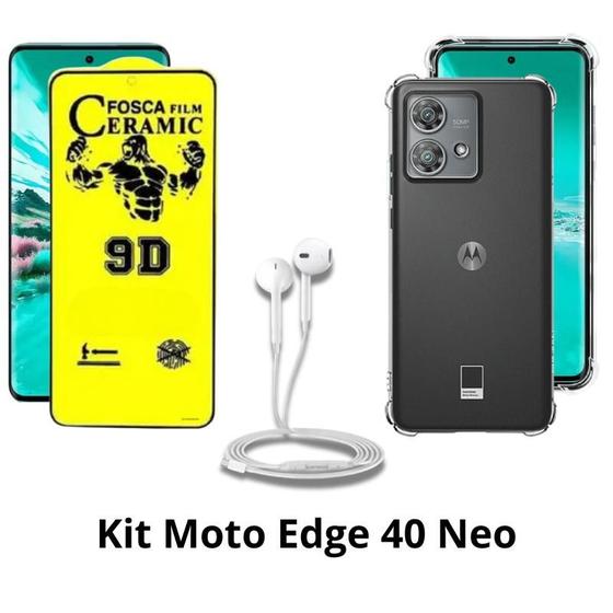 Imagem de Kit Capa Transparente + Película Fosca + Fone de Ouvido para Moto Edge 40 Neo