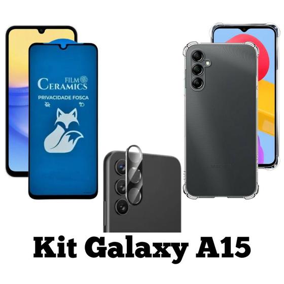 Imagem de Kit Capa Transparente + Película Fosca Privacidade + Película de Câmera para Samsung Galaxy A15