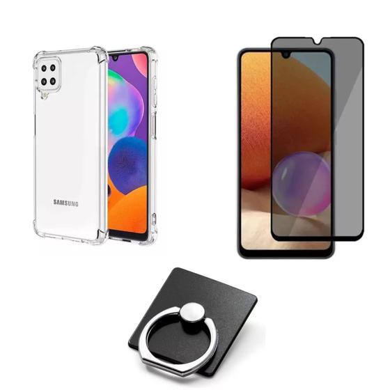 Imagem de Kit Capa Transparente + Película Fosca Privacidade + Suporte Anel para Samsung Galaxy A22 4G