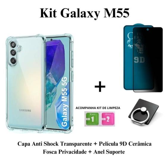 Imagem de Kit Capa Transparente + Película Fosca Privacidade + Suporte de Anel para Samsung Galaxy M55 5G