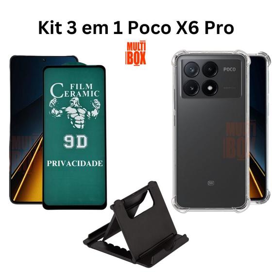 Imagem de Kit Capa Transparente + Película Fosca Privacidade + Suporte de Mesa para Xiaomi Poco X6 Pro