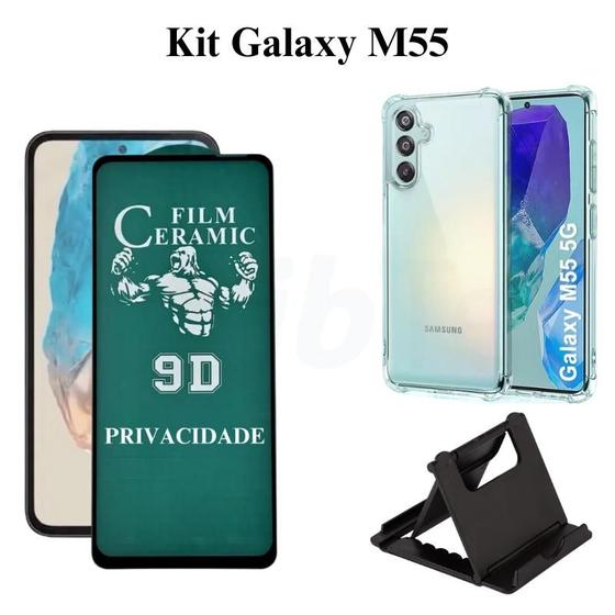 Imagem de Kit Capa Transparente + Película Privacidade Fosca + Suporte de Mesa para Samsung Galaxy M55