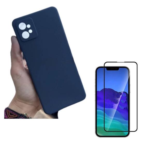 Imagem de Kit Capa Veludo ul Marinho Compatível Moto G32+Película 3D