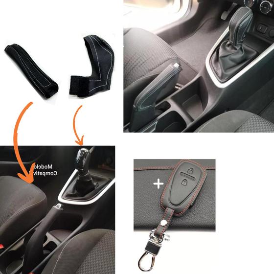 Imagem de Kit Capas Couro Manopla Cambio Manual E Freio E Chave 2 Botões Onix Plus 2020 2021 2022 2023 2024
