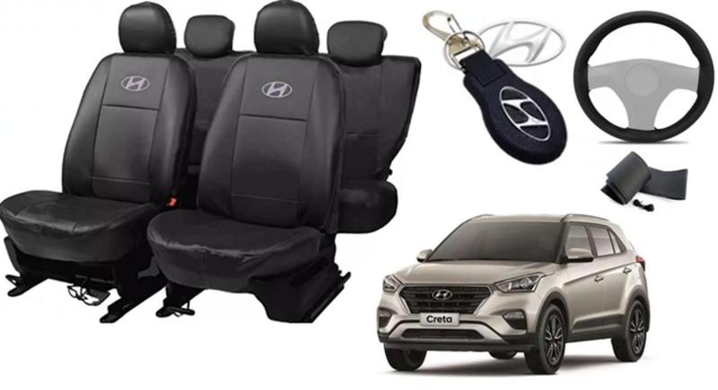 Imagem de Kit Capas de Couro Hyundai Creta 2015 + Capa de Volante + Chaveiro Hyundai