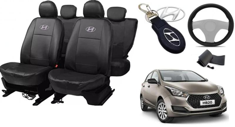 Imagem de Kit Capas de Couro Hyundai HB20 2015 + Capa de Volante + Chaveiro Hyundai