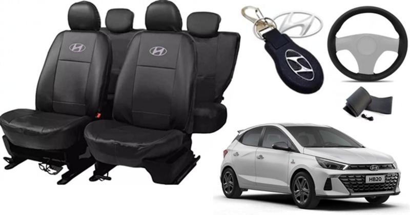 Kit Capas de Couro Hyundai HB20 2020 + Capa de Volante + Chaveiro Hyundai Menor preço em Kit Capas de Couro Hyundai HB20 2020 + Capa de Volante + Chaveiro Hyundai