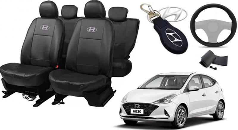 Imagem de Kit Capas de Couro Hyundai HB20 2023 + Capa de Volante + Chaveiro Hyundai