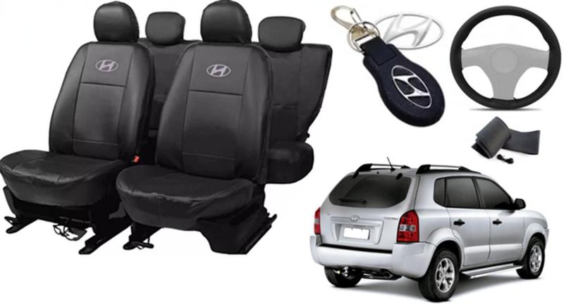 Imagem de Kit Capas de Couro Hyundai Tucson 2004 + Capa de Volante + Chaveiro Hyundai