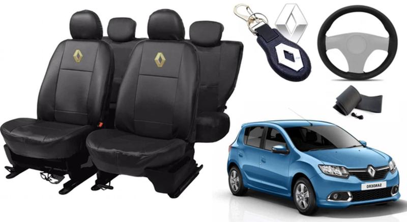 Imagem de Kit Capas de Couro Impermeável Renault Sandero 2017 + Capa de Volante + Chaveiro Renault