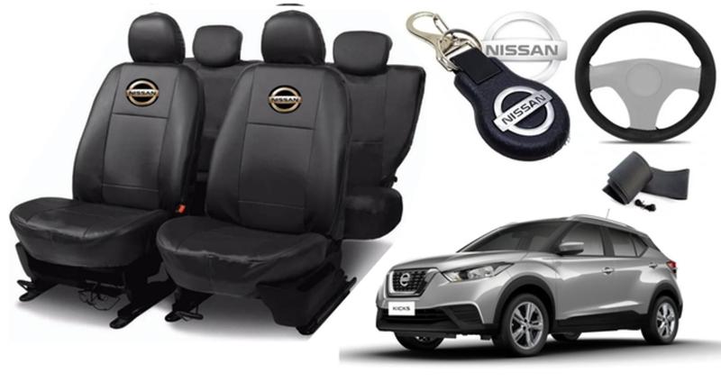 Imagem de Kit Capas de Couro Nissan Kicks 2018 + Capa de Volante + Chaveiro Nissan