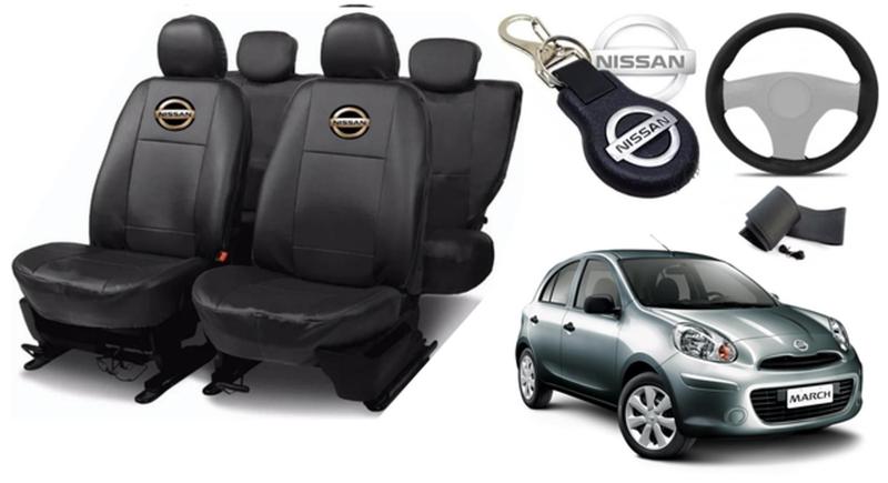 Imagem de Kit Capas de Couro Nissan March 2009 + Capa de Volante + Chaveiro Nissan