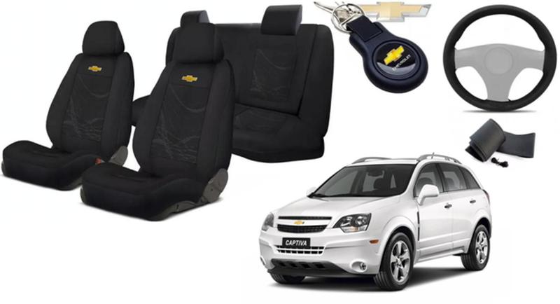 Imagem de Kit Capas Tecido Elegantes para Bancos Captiva 2008-2012 + Volante + Chaveiro GM