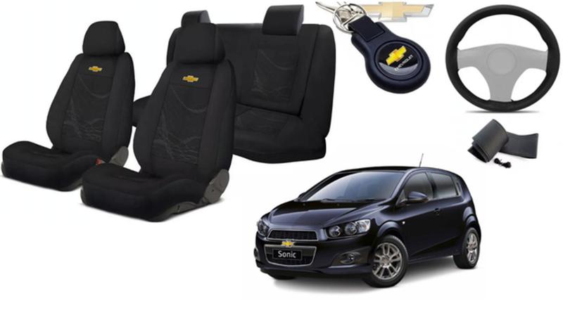 Imagem de Kit Capas Tecido Elegantes para Bancos Sonic 2012 a 2014 + Volante + Chaveiro GM