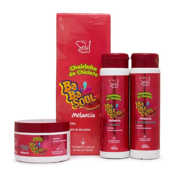 Imagem de Kit Capilar BabaSoul Cheirinho de Chiclete Uva, Melancia, Tutti-Frutti ou Menta com Shampoo, Condicionador e Mascara