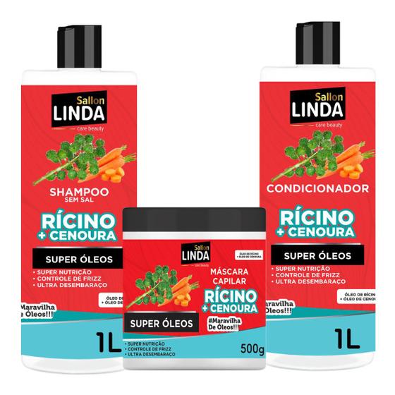 Imagem de Kit Capilar Shampoo e Condicionador + Máscara Hidratante Óleo de Rícino e Cenoura 1 L Sallon Linda