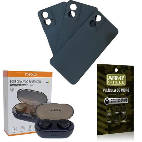 Imagem de Kit Capinha AntiShock Preto P/ Moto G24 + Fone Bluetooth + Pelicula 3D - ArmyShield