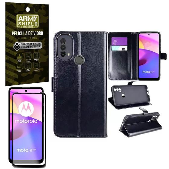 Imagem de Kit Capinha Carteira Moto E40 + Película Vidro 3D Armyshield