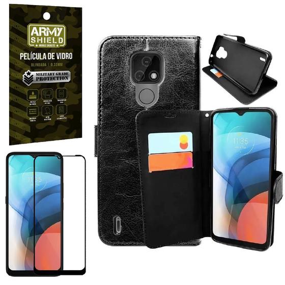 Imagem de Kit Capinha Carteira Moto E7 + Película Vidro 3D Armyshield